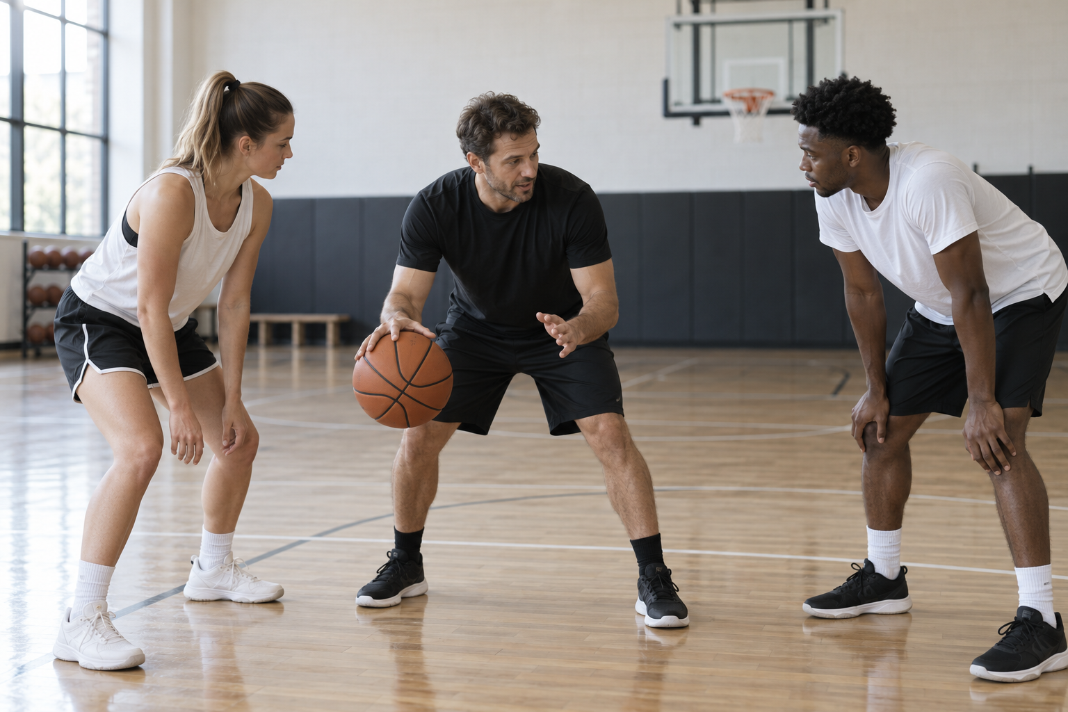A basketball coach explains dribbling to players on an indoor court