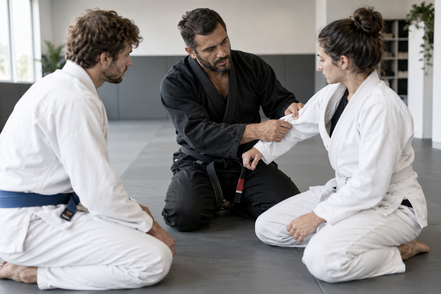 A BJJ coach explains a grip to students wearing gis on the academy mats