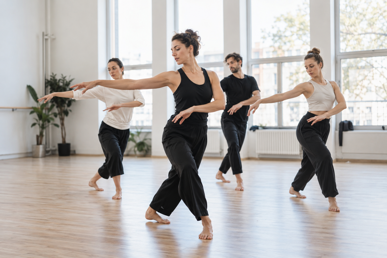 An instructor leads three adult students through a contemporary dance movement in a bright studio
