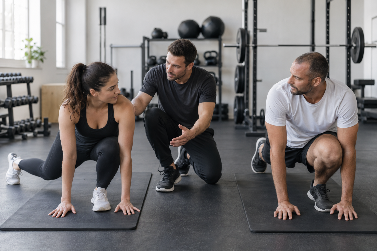 A trainer guides two members through a warm-up on exercise mats in a bright gym