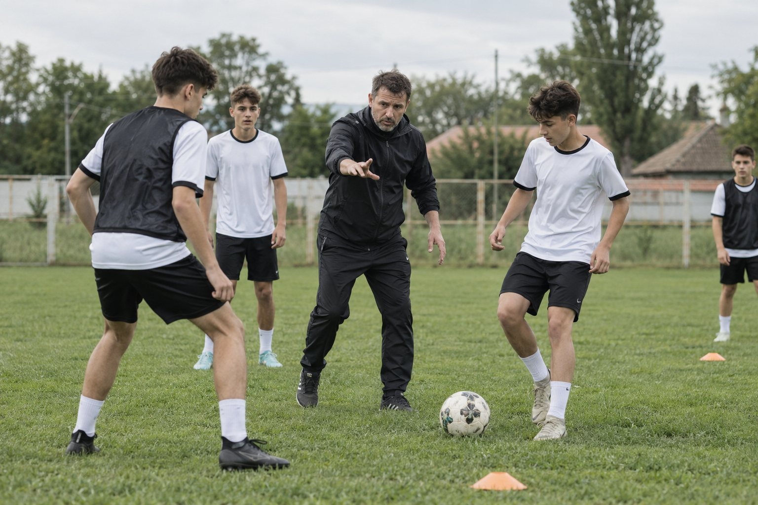 A football coach guides junior players through a training drill on a local pitch