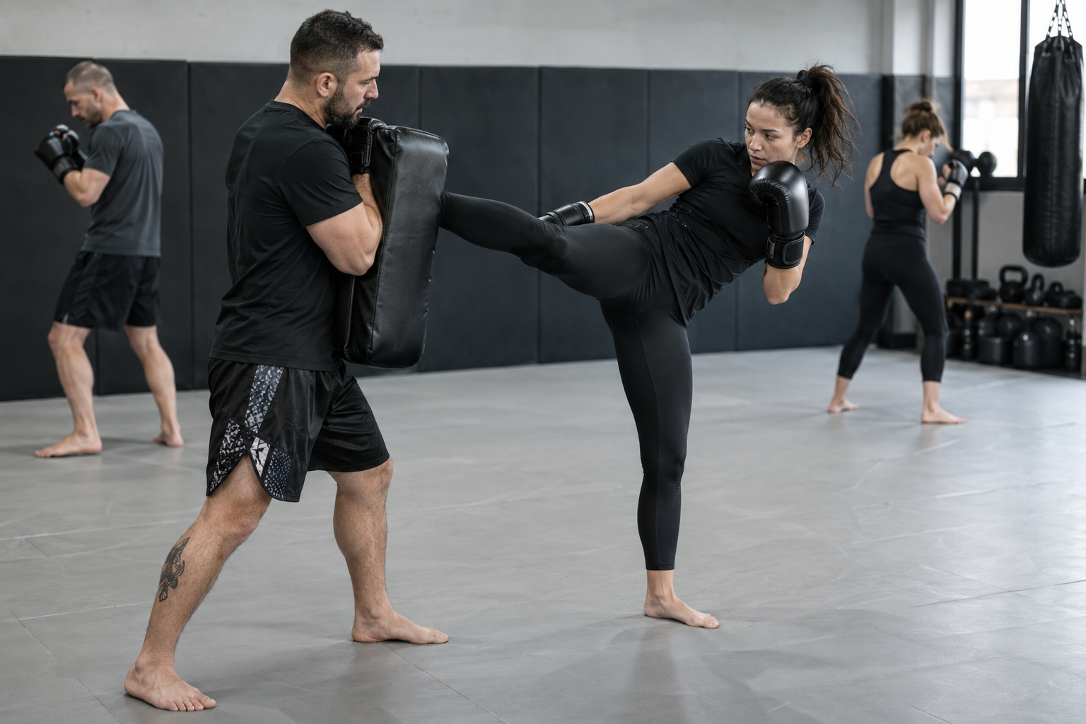 A coach holds a kick shield while an athlete practises a controlled kickboxing technique