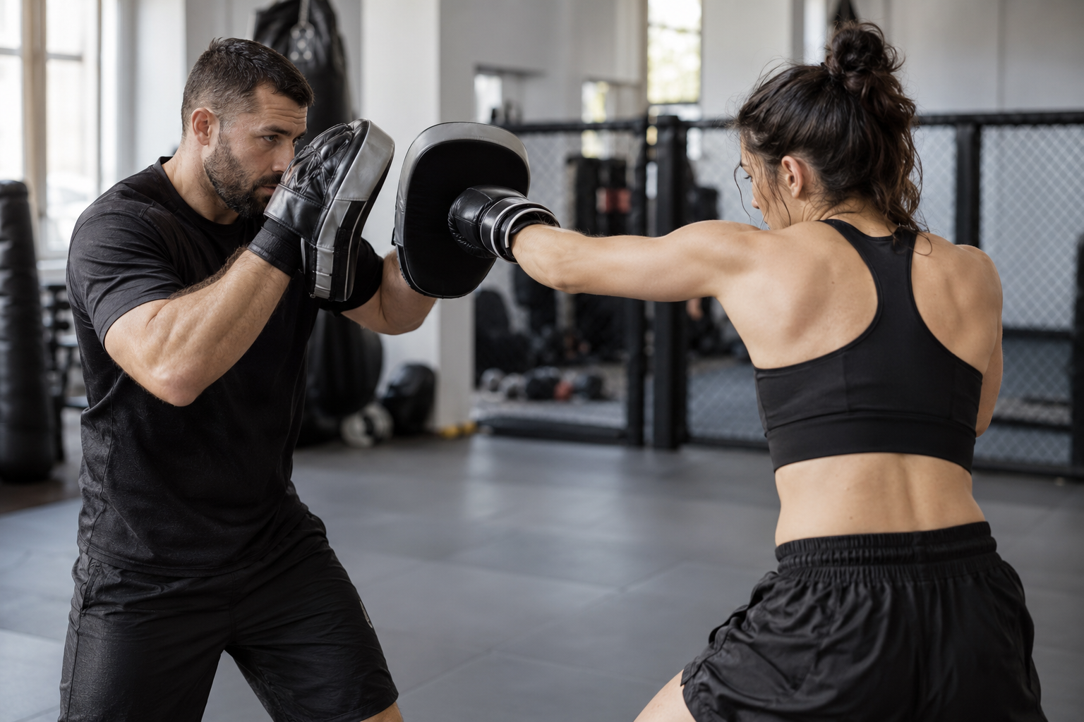 An MMA coach holds focus mitts for an athlete in a mixed martial arts gym