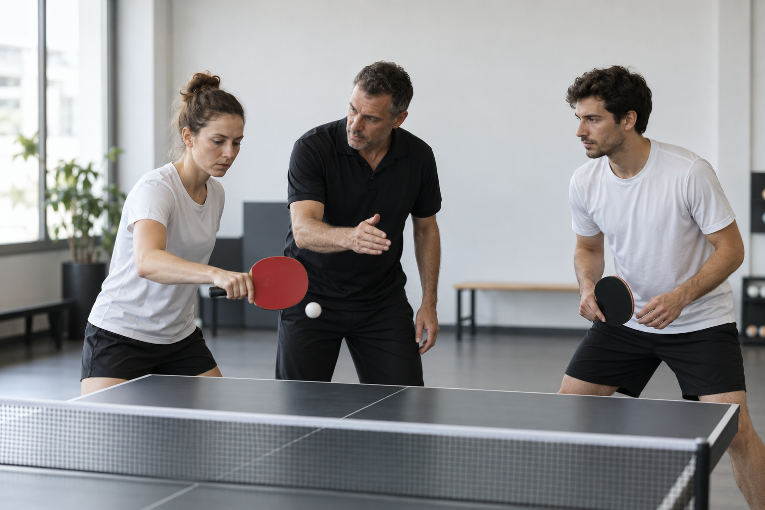 A table tennis coach explains a shot to players beside a table with a net
