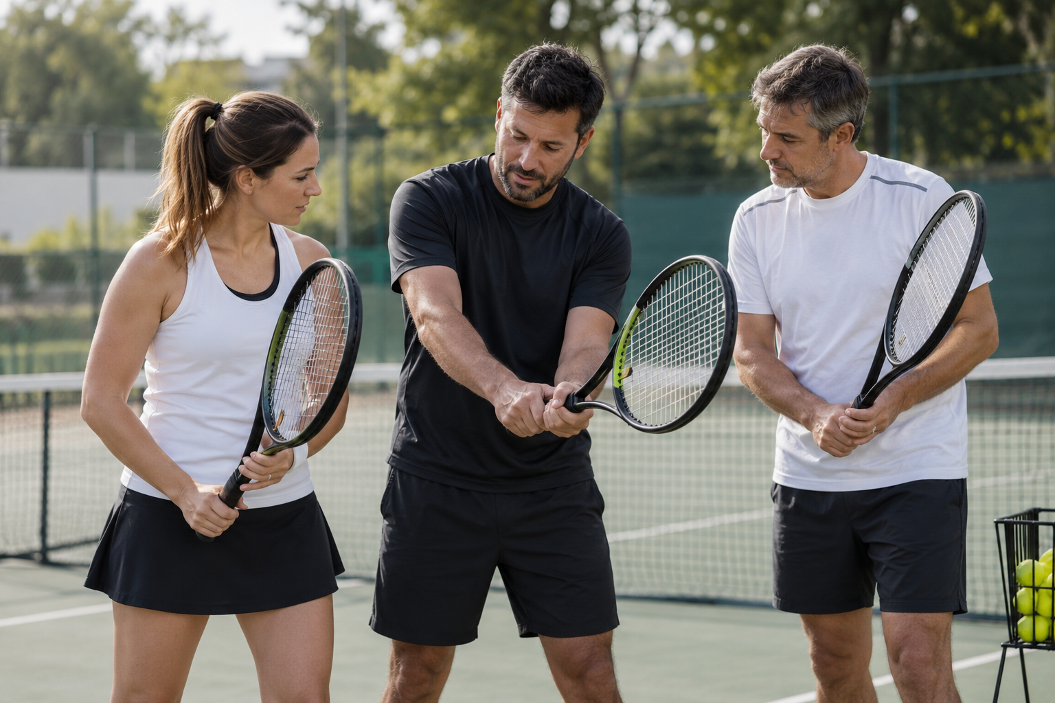 A tennis coach explains a racket grip to recreational players on a training court