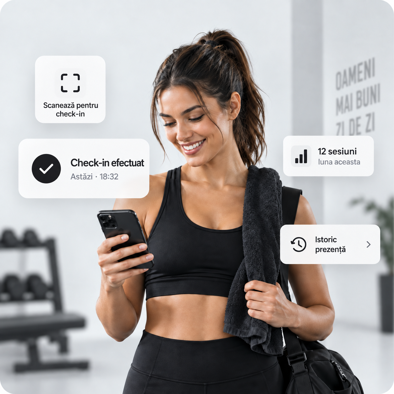 Ilustrație: o membră a clubului folosește telefonul pentru check-in și își vede istoricul prezențelor