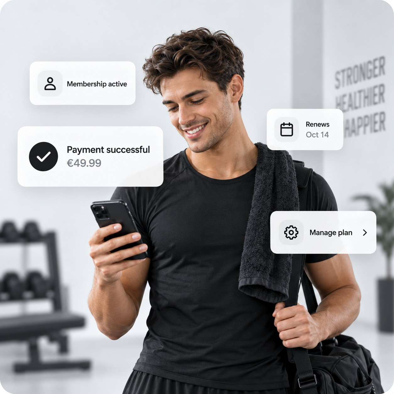 A member using Fluxum to view a successful payment and an active membership