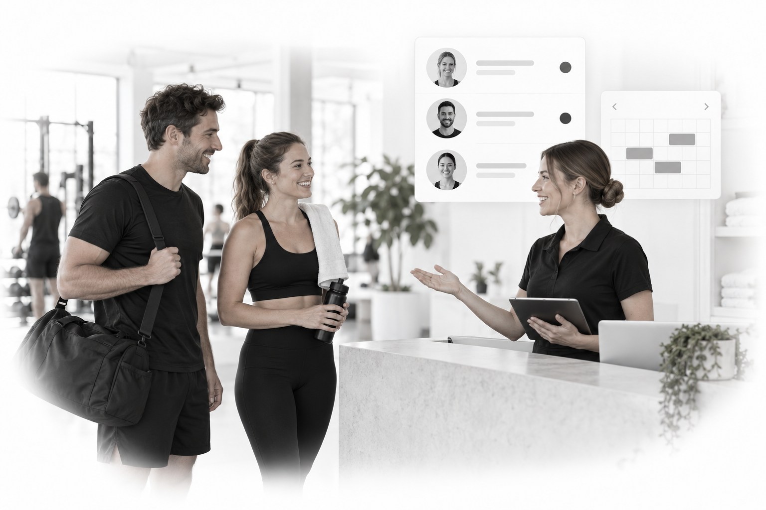 A sports-club team talks with members at reception