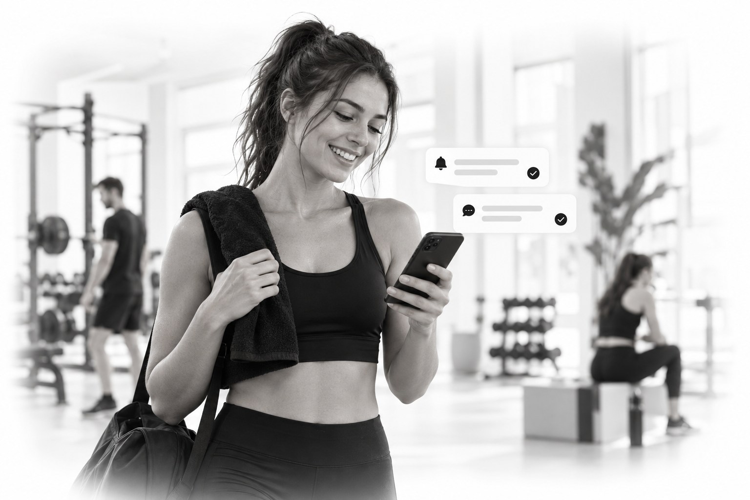 A member reading club notifications on her phone after training