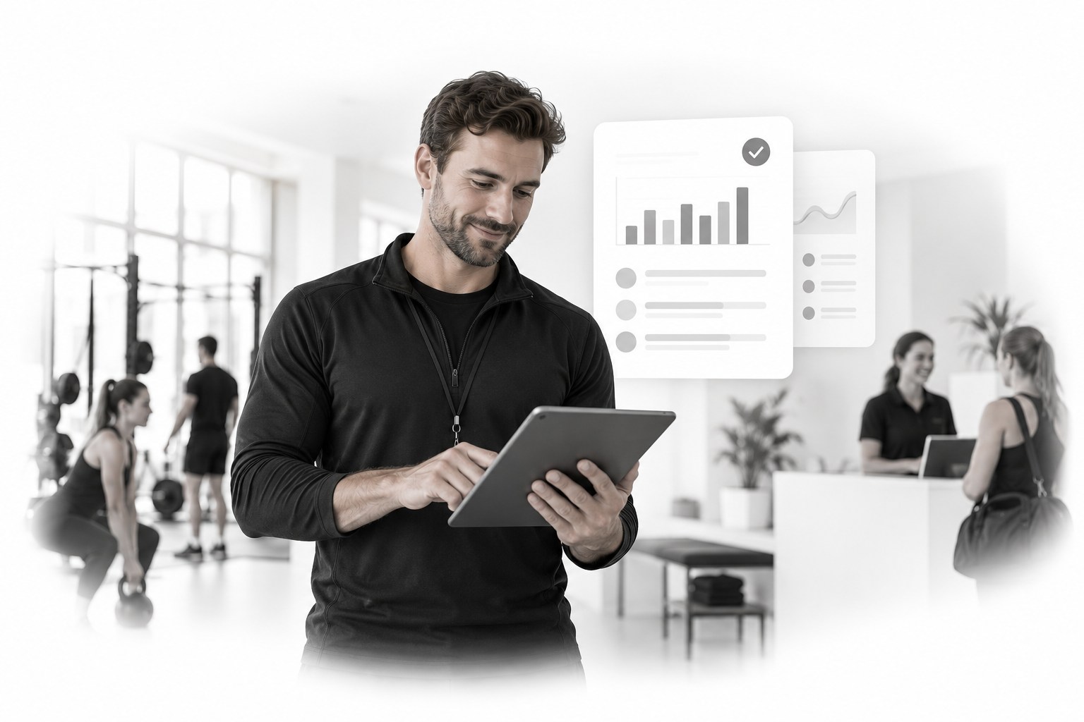 A club manager reviewing organized reports on a tablet