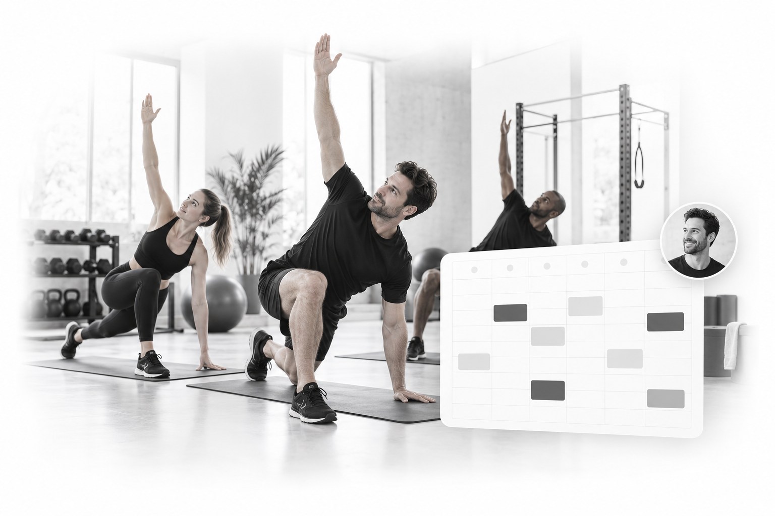 A coach leading a warm-up beside a weekly class calendar